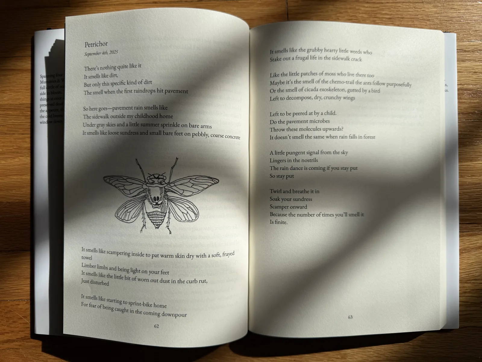 The book open to Petrichor, pages 62 and 63, with a pen drawing of a cicada between the stanzas, in leaf shadow on a wooden floor.